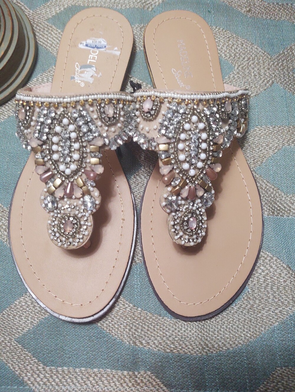 Madeline Stuart Nude Beaded Embellished Thong Sandals